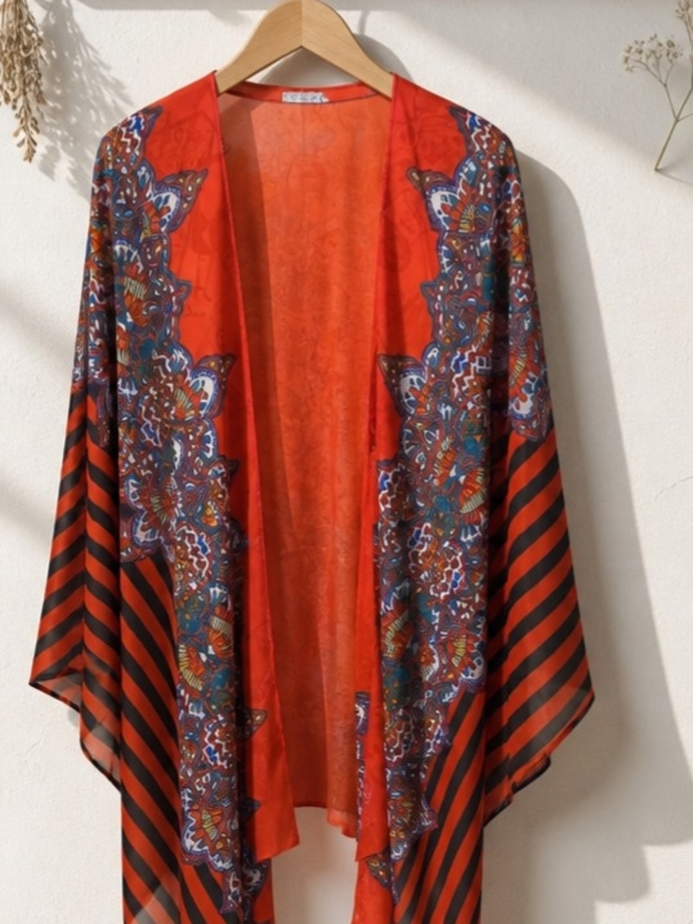 Catherines Orange-Red Printed Kimono (Open-Front Topper)